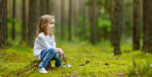 Kleines Mädchen sitzt auf einem Baumstumpf im Wald